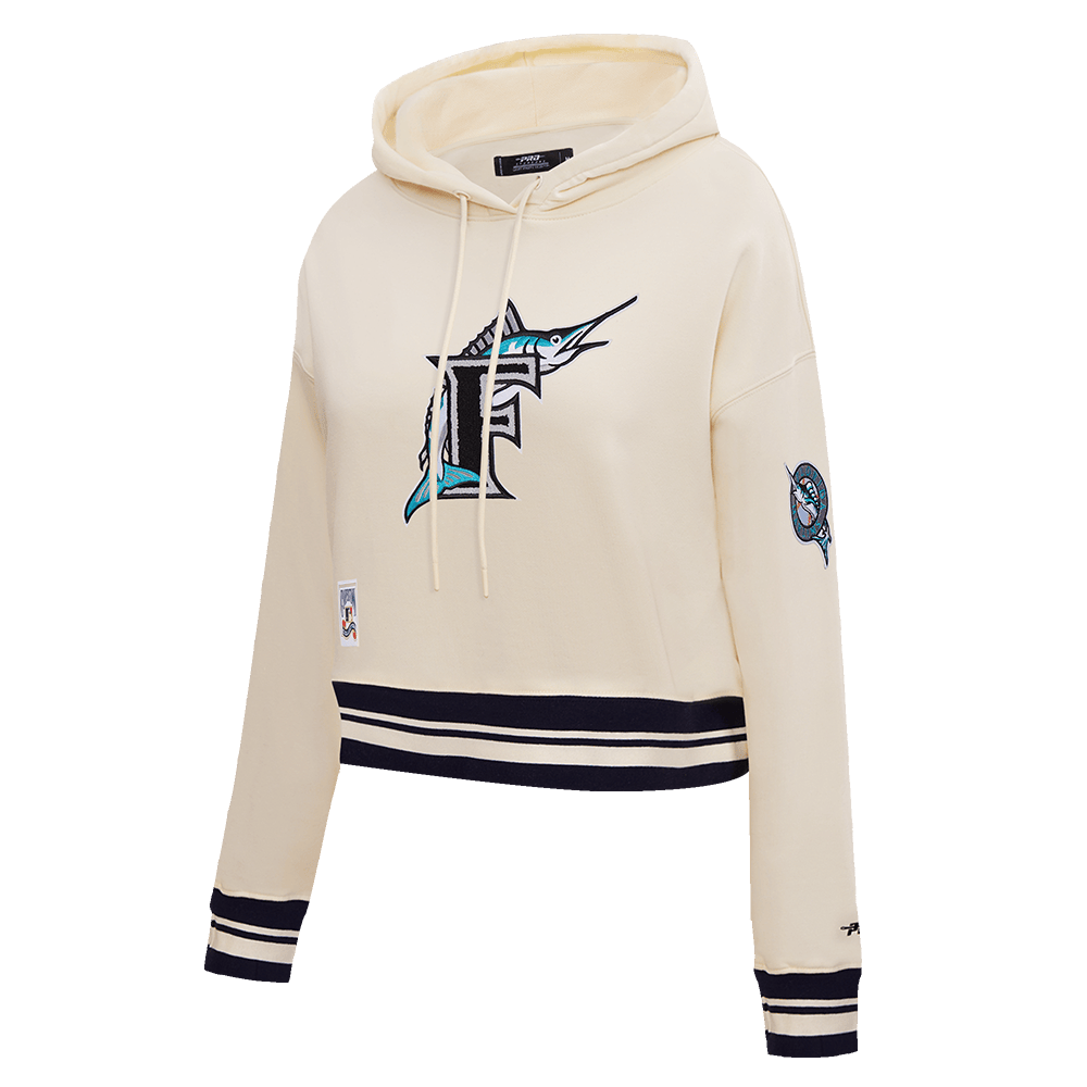 MLB FLORIDA MARLINS RETRO CLASSIC WOMEN'S CROPPED PULLOVER HOODIE (EGGSHELL/ BLACK)