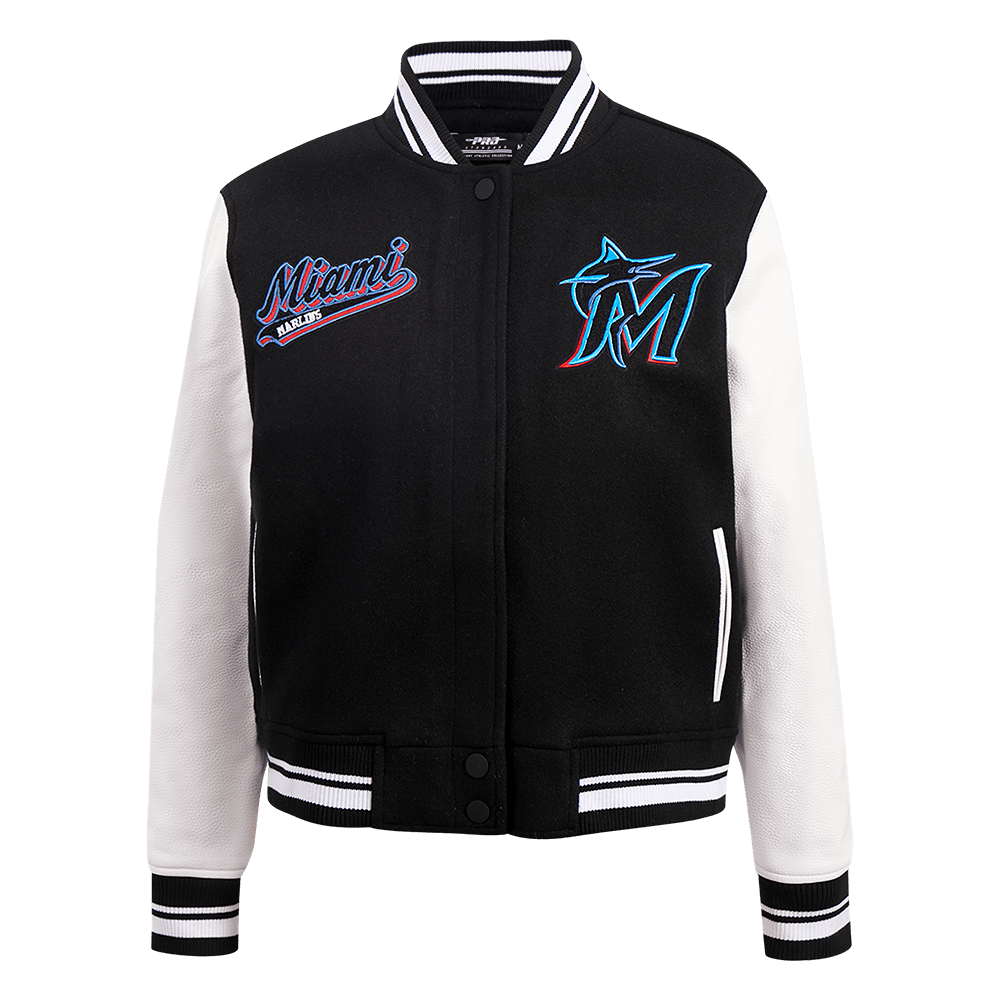 CHAQUETA UNIVERSITARIA DE LANA PARA MUJER MLB MIAMI MARLINS SCRIPT TAIL (NEGRA/BLANCA)