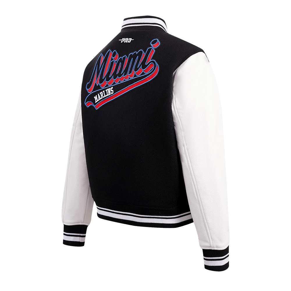 CHAQUETA UNIVERSITARIA DE LANA PARA MUJER MLB MIAMI MARLINS SCRIPT TAIL (NEGRA/BLANCA)