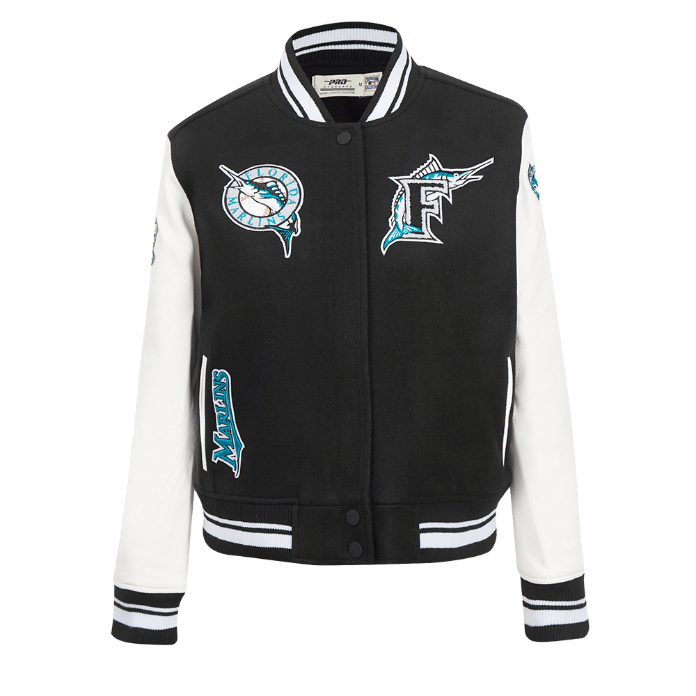 MLB FLORIDA MARLINS RETRO CLASSIC WOMEN'S RIB WOOL VARSITY JACKET (BLACK/WHITE)