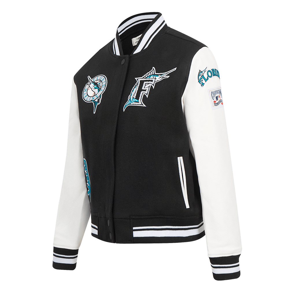 MLB FLORIDA MARLINS RETRO CLASSIC WOMEN'S RIB WOOL VARSITY JACKET (BLACK/WHITE)