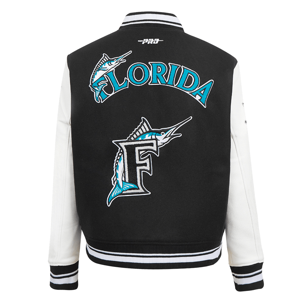MLB FLORIDA MARLINS RETRO CLASSIC WOMEN'S RIB WOOL VARSITY JACKET (BLACK/WHITE)