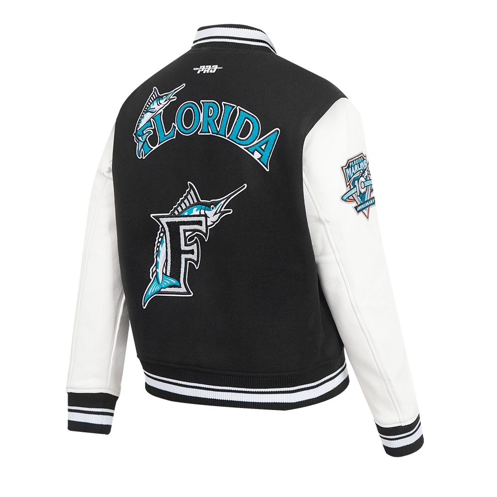 MLB FLORIDA MARLINS RETRO CLASSIC WOMEN'S RIB WOOL VARSITY JACKET (BLACK/WHITE)