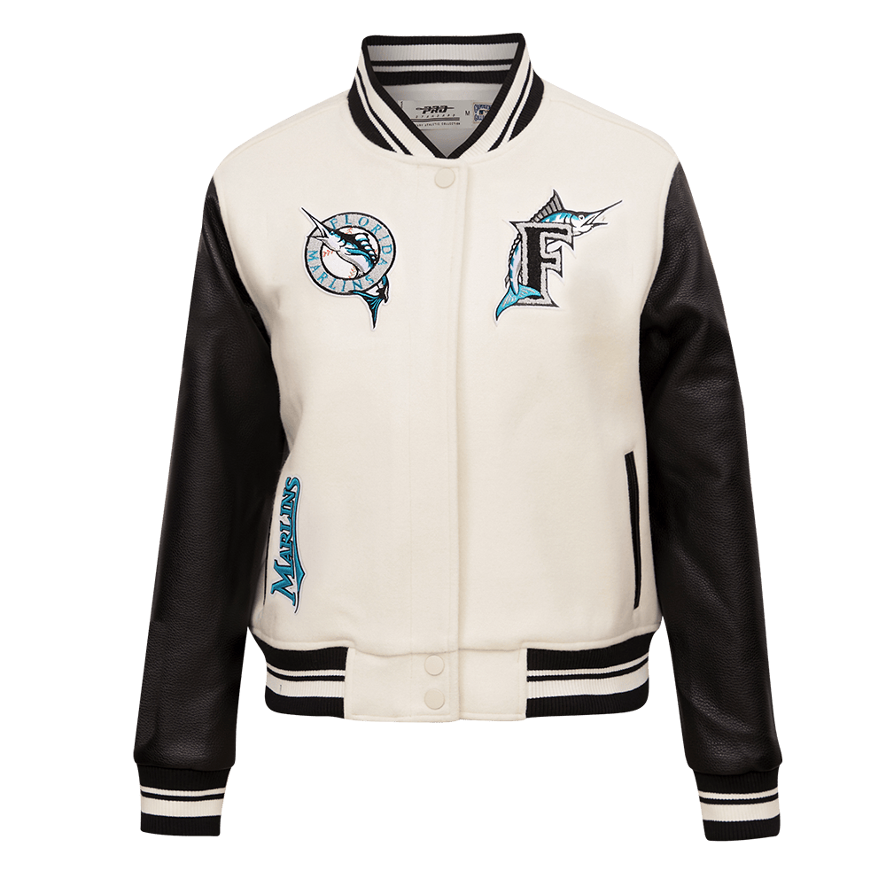MLB FLORIDA MARLINS RETRO CLASSIC WOMEN'S RIB WOOL VARSITY JACKET (EGGSHELL/ BLACK)