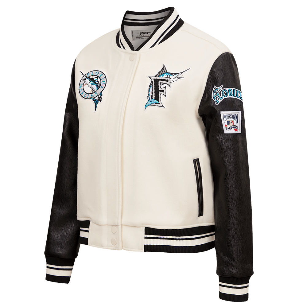 MLB FLORIDA MARLINS RETRO CLASSIC WOMEN'S RIB WOOL VARSITY JACKET (EGGSHELL/ BLACK)