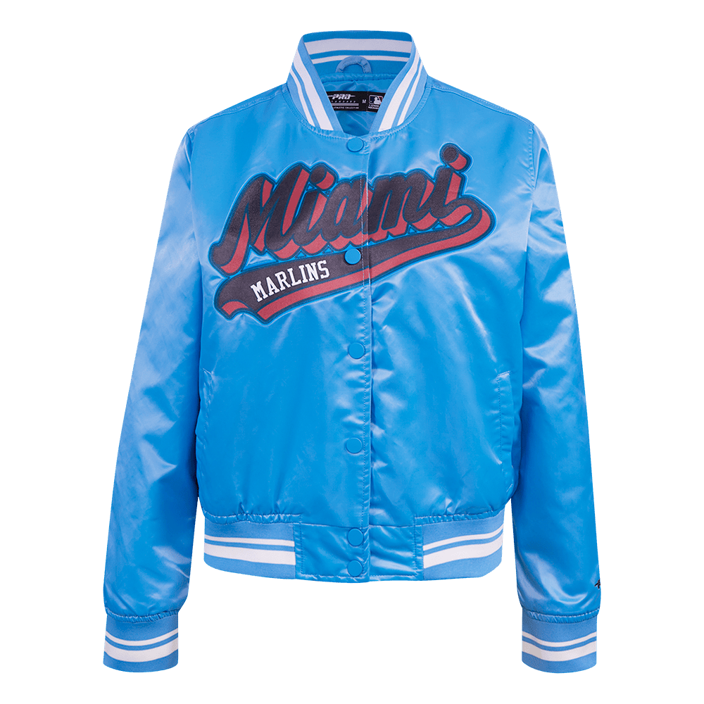 MLB MIAMI MARLINS SCRIPT TAIL WOMEN'S SATIN JACKET (UNIVERSITY BLUE)