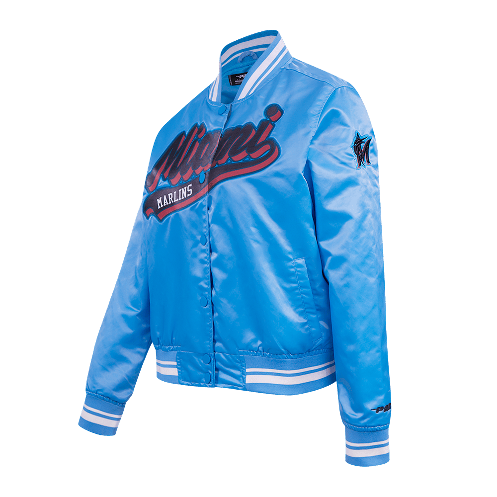 MLB MIAMI MARLINS SCRIPT TAIL WOMEN'S SATIN JACKET (UNIVERSITY BLUE)
