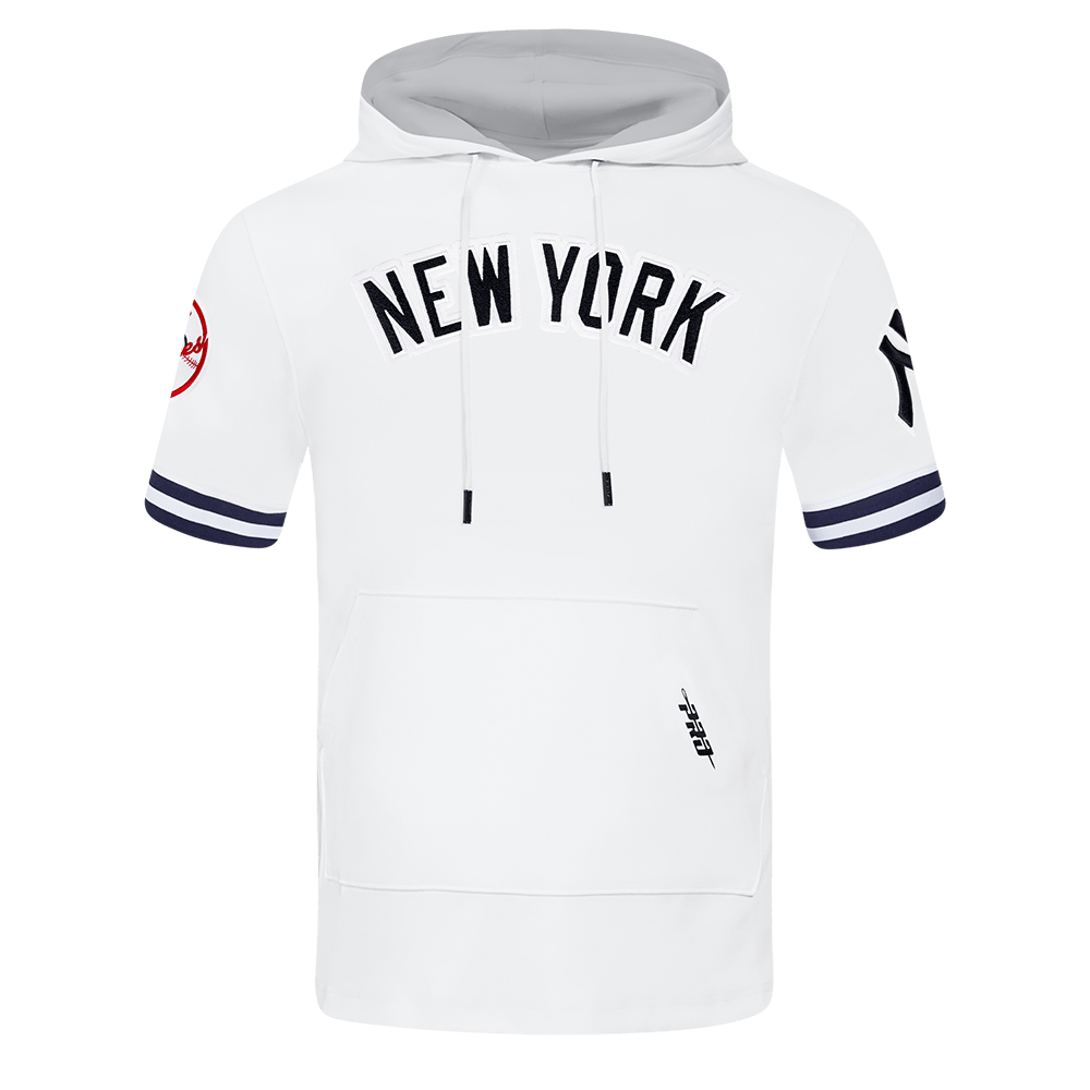 MLB NEW YORK YANKEES CLASSIC CHENILLE MEN'S DOUBLE KNIT SHORT SLEEVE PULLOVER HOODIE (WHITE/MIDNIGHT NAVY)