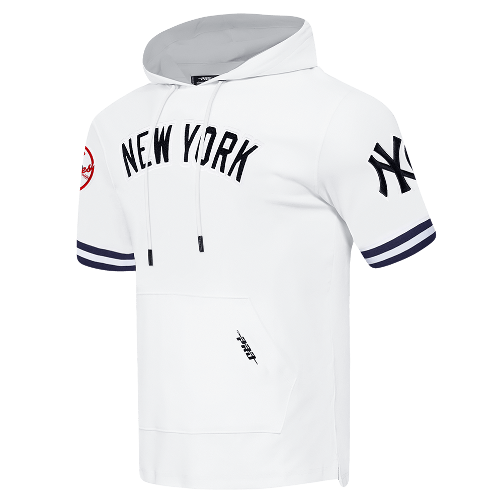 MLB NEW YORK YANKEES CLASSIC CHENILLE MEN'S DOUBLE KNIT SHORT SLEEVE PULLOVER HOODIE (WHITE/MIDNIGHT NAVY)