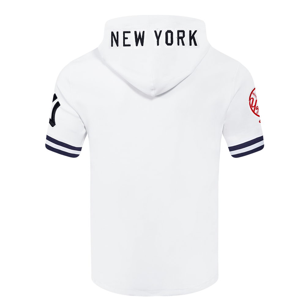 MLB NEW YORK YANKEES CLASSIC CHENILLE MEN'S DOUBLE KNIT SHORT SLEEVE PULLOVER HOODIE (WHITE/MIDNIGHT NAVY)