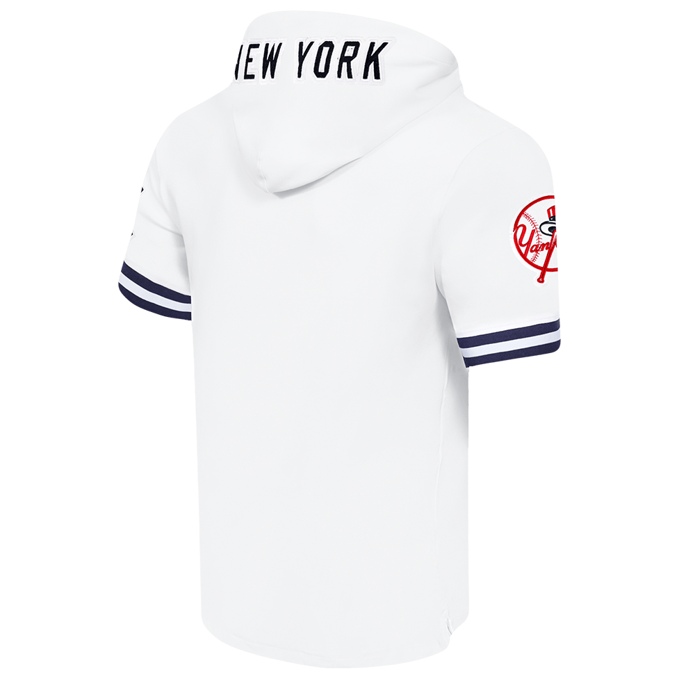 MLB NEW YORK YANKEES CLASSIC CHENILLE MEN'S DOUBLE KNIT SHORT SLEEVE PULLOVER HOODIE (WHITE/MIDNIGHT NAVY)
