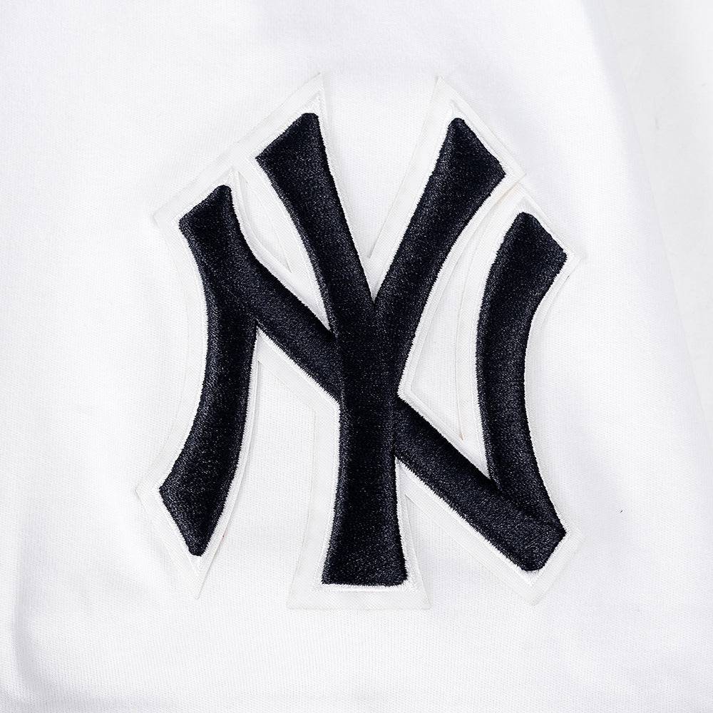 MLB NEW YORK YANKEES CLASSIC CHENILLE MEN'S DOUBLE KNIT SHORT SLEEVE PULLOVER HOODIE (WHITE/MIDNIGHT NAVY)