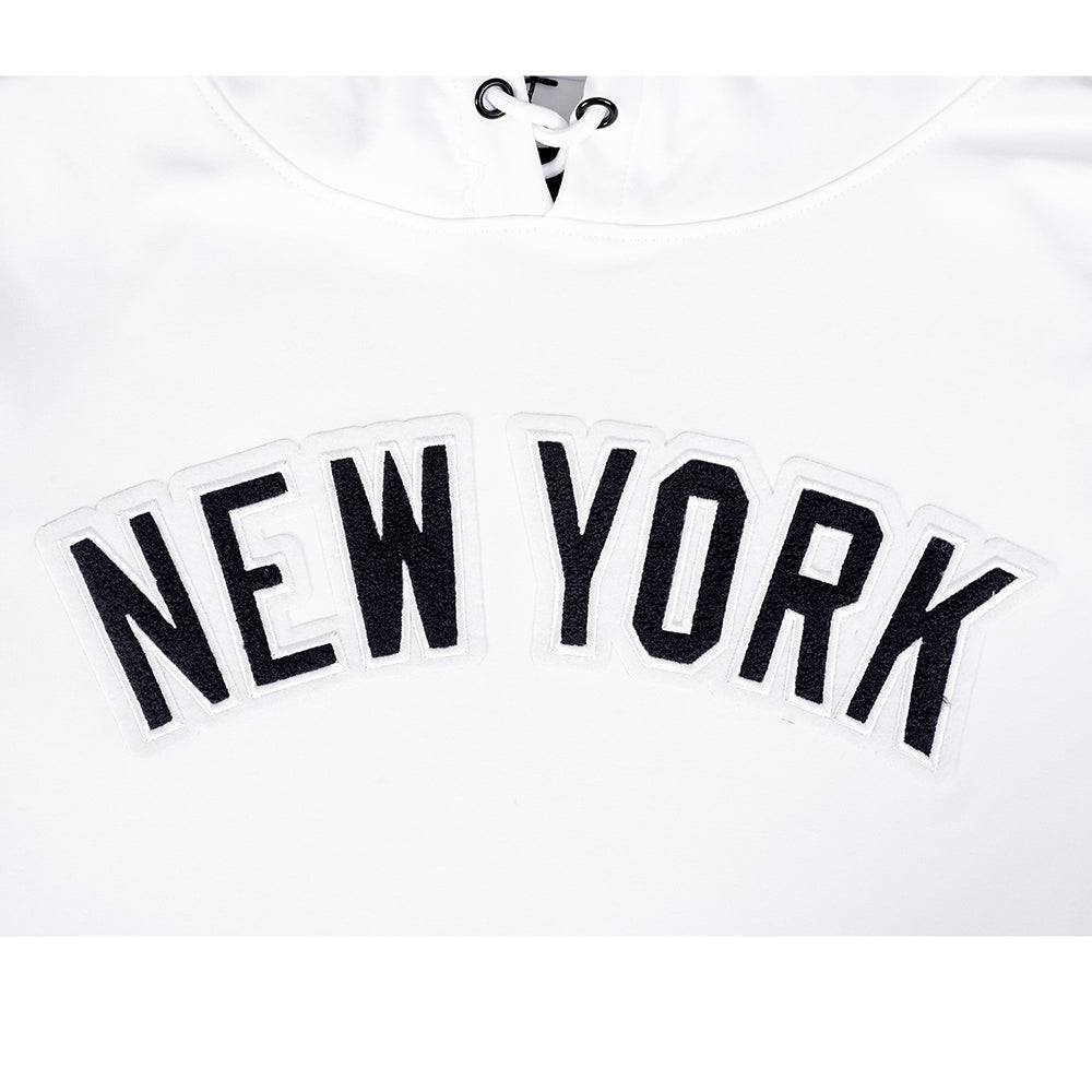 MLB NEW YORK YANKEES CLASSIC CHENILLE MEN'S DOUBLE KNIT SHORT SLEEVE PULLOVER HOODIE (WHITE/MIDNIGHT NAVY)