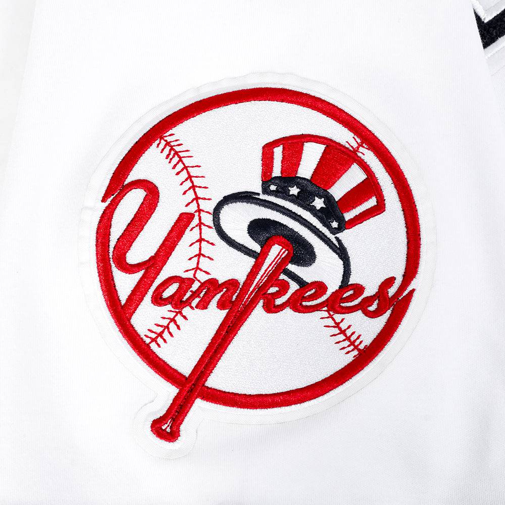 MLB NEW YORK YANKEES CLASSIC CHENILLE MEN'S DOUBLE KNIT SHORT SLEEVE PULLOVER HOODIE (WHITE/MIDNIGHT NAVY)