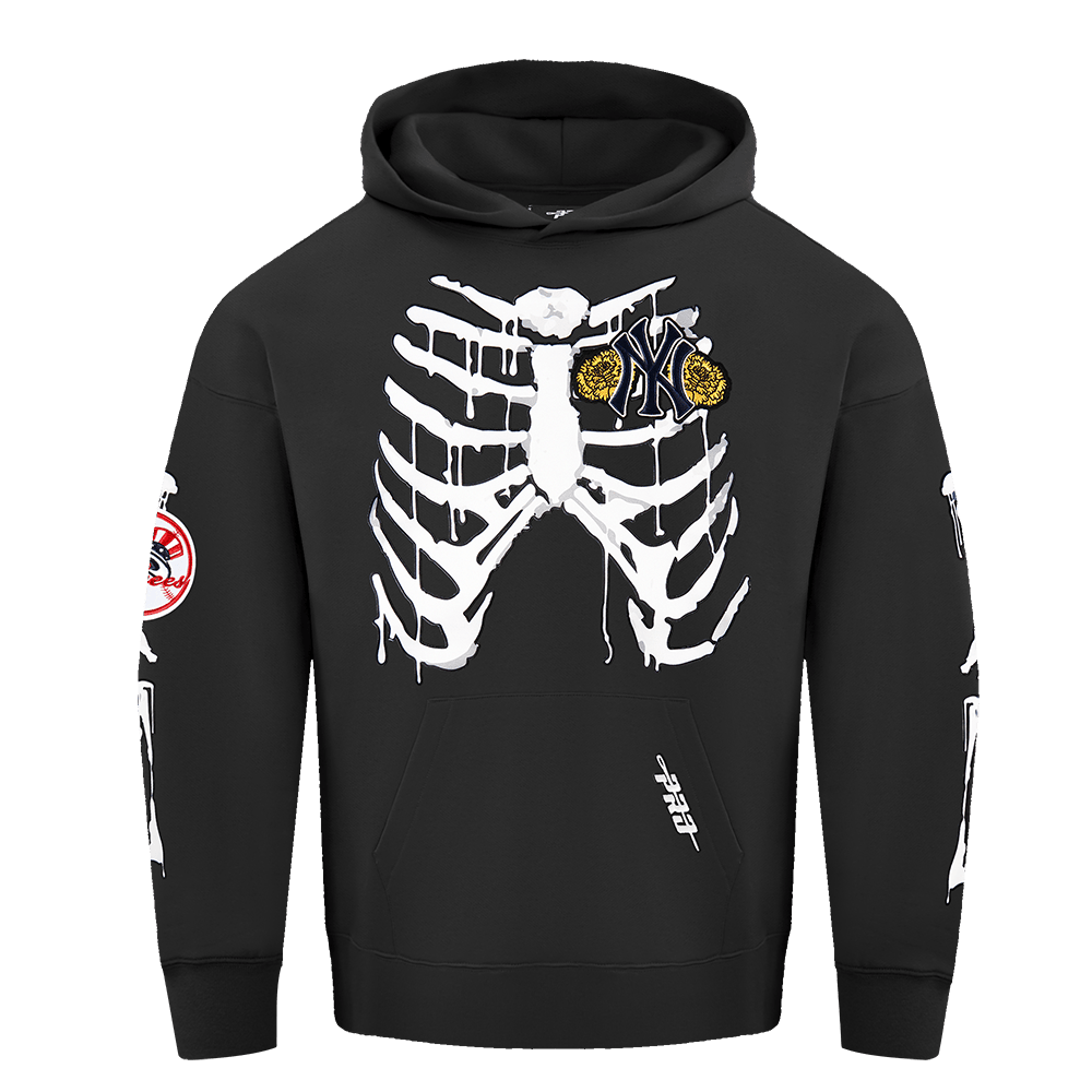MLB NEW YORK YANKEES RIB CAGE MEN'S DROP SHOULDER FLEECE PULLOVER HOODIE (BLACK)