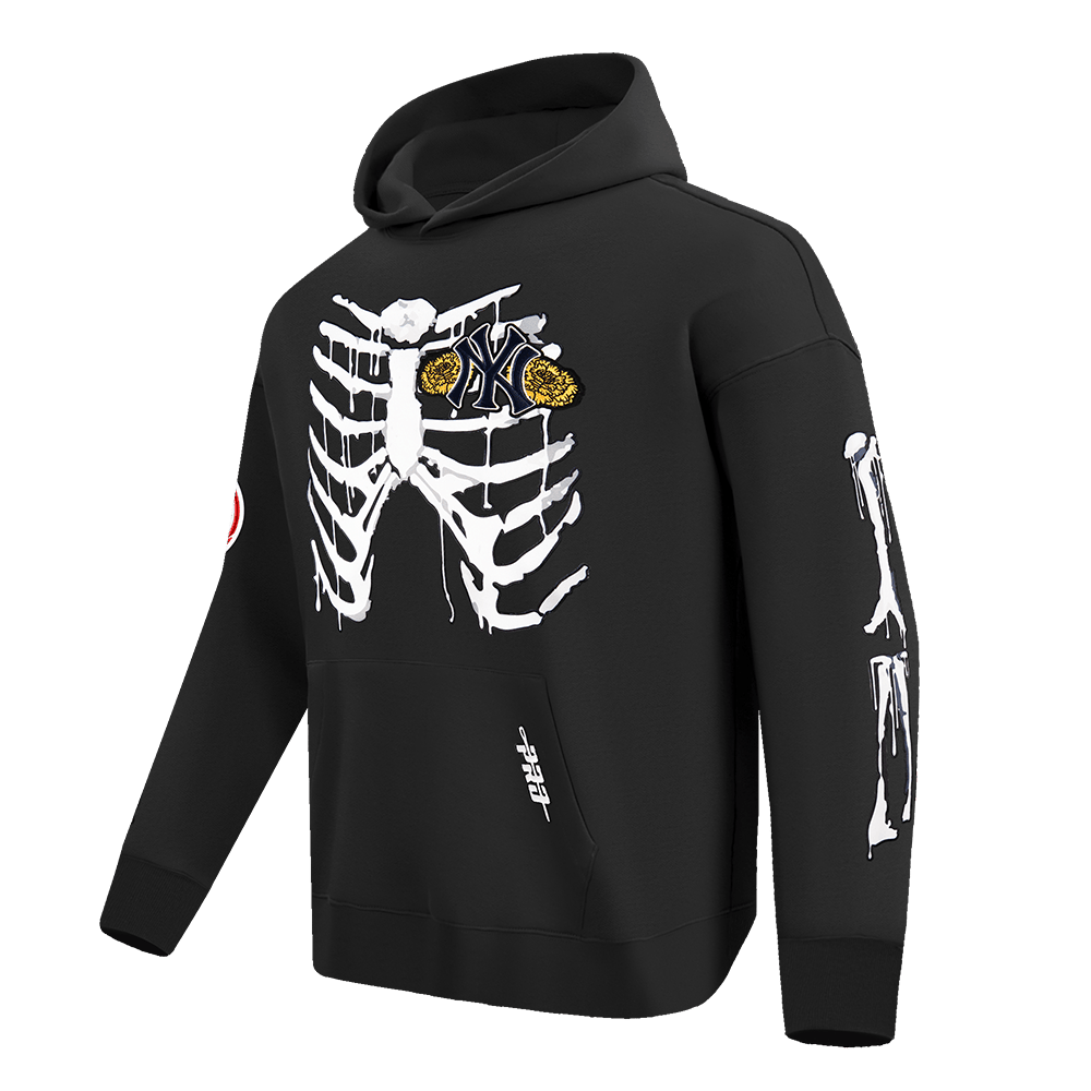 MLB NEW YORK YANKEES RIB CAGE MEN'S DROP SHOULDER FLEECE PULLOVER HOODIE (BLACK)