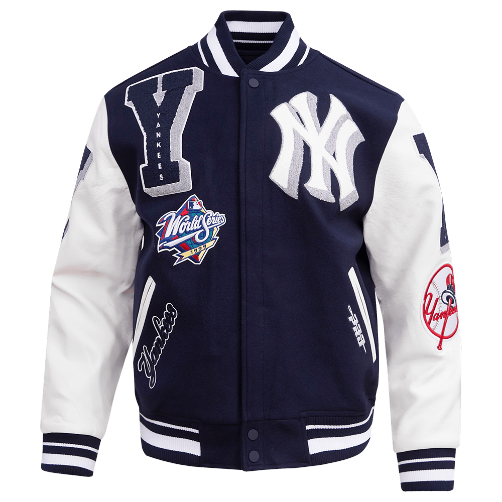 CHAQUETA UNIVERSITARIA DE LANA ACANALADA MASHUP PARA HOMBRE MLB NEW YORK YANKEES (AZUL MARINO MEDIANOCHE/BLANCO)
