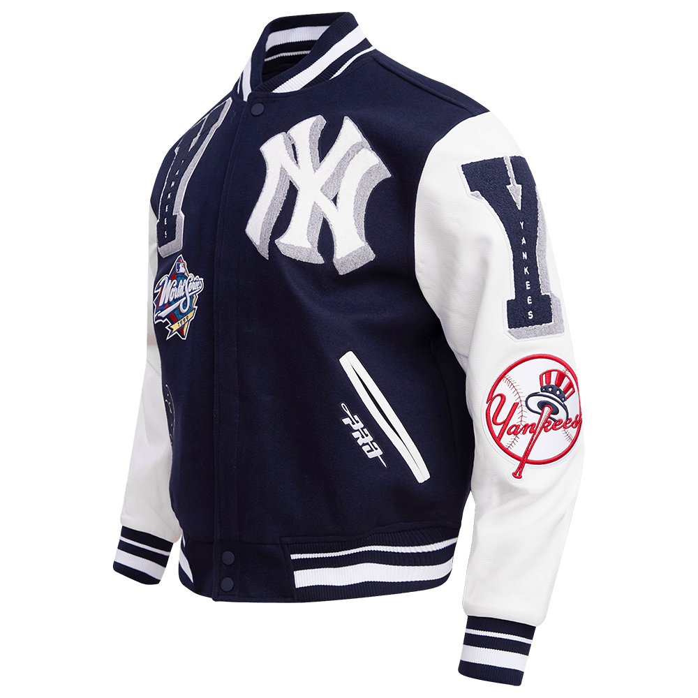 CHAQUETA UNIVERSITARIA DE LANA ACANALADA MASHUP PARA HOMBRE MLB NEW YORK YANKEES (AZUL MARINO MEDIANOCHE/BLANCO)