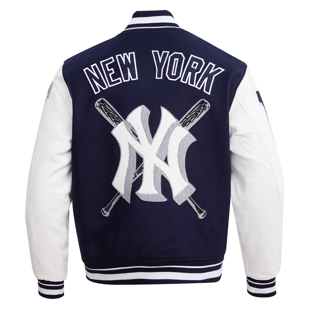 CHAQUETA UNIVERSITARIA DE LANA ACANALADA MASHUP PARA HOMBRE MLB NEW YORK YANKEES (AZUL MARINO MEDIANOCHE/BLANCO)