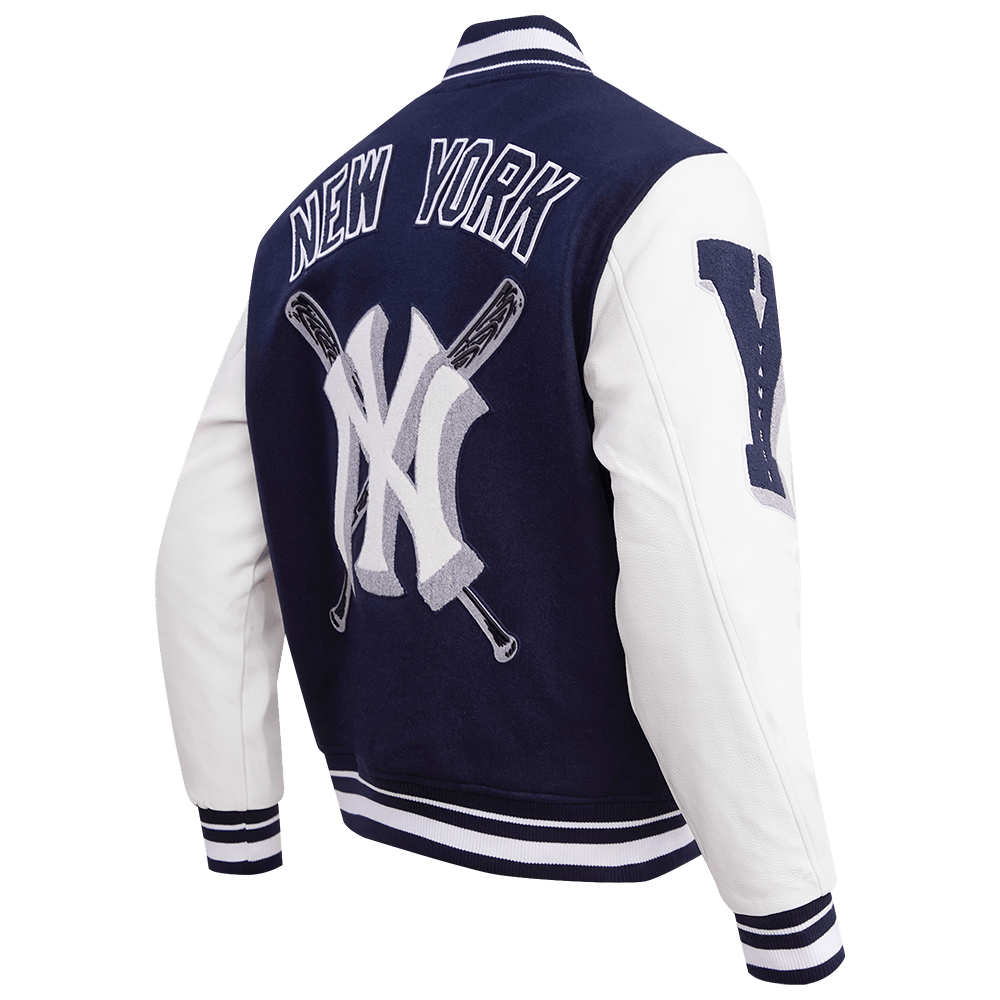 CHAQUETA UNIVERSITARIA DE LANA ACANALADA MASHUP PARA HOMBRE MLB NEW YORK YANKEES (AZUL MARINO MEDIANOCHE/BLANCO)