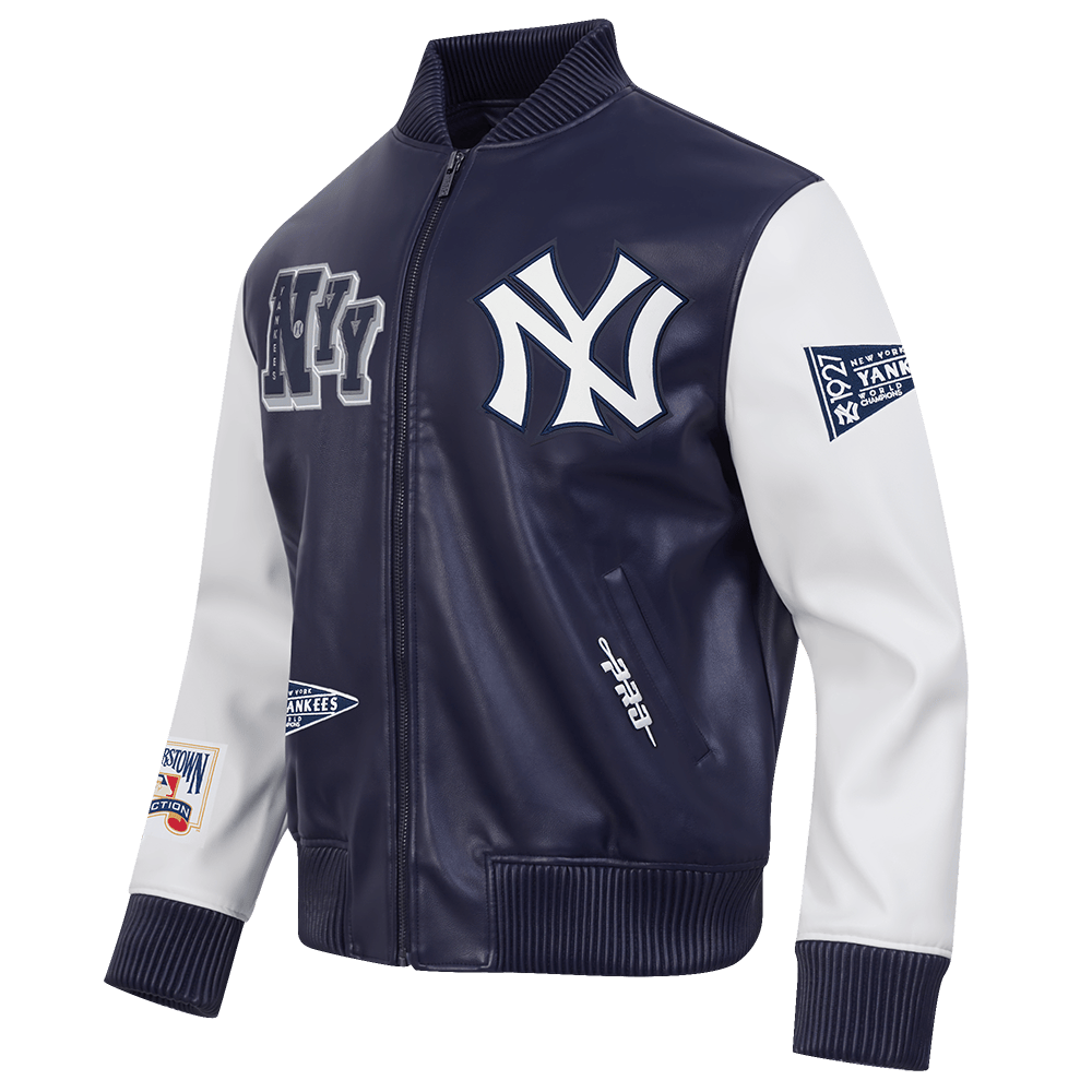 MLB NEW YORK YANKEES BEST OF MEN'S LEATHER VARSITY JACKET (MIDNIGHT NAVY/WHITE)