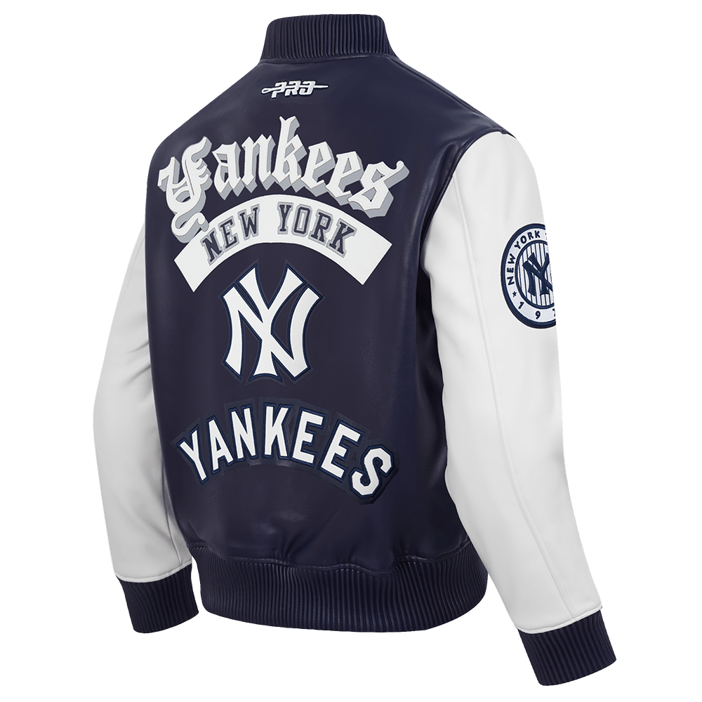 MLB NEW YORK YANKEES BEST OF MEN'S LEATHER VARSITY JACKET (MIDNIGHT NAVY/WHITE)