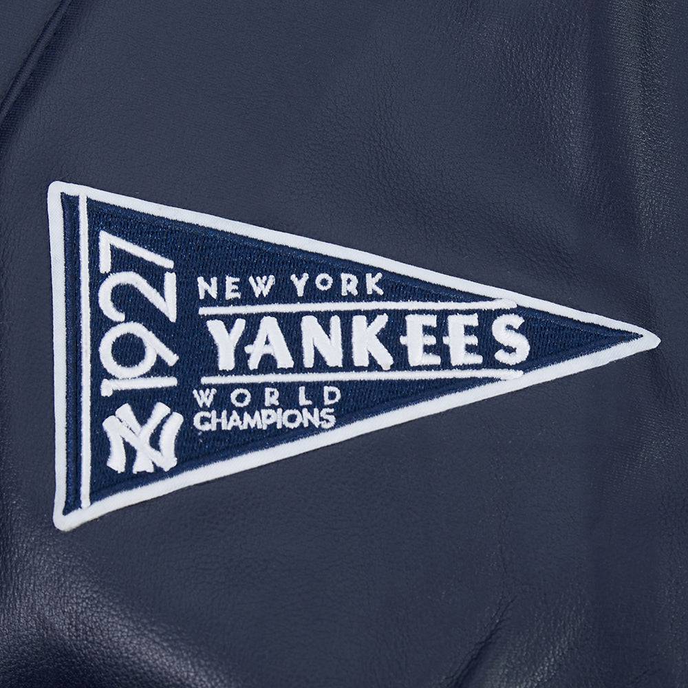 MLB NEW YORK YANKEES BEST OF MEN'S LEATHER VARSITY JACKET (MIDNIGHT NAVY/WHITE)