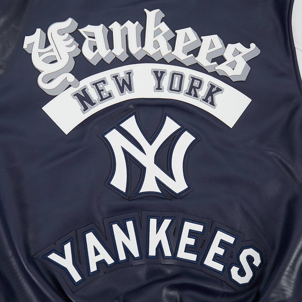 MLB NEW YORK YANKEES BEST OF MEN'S LEATHER VARSITY JACKET (MIDNIGHT NAVY/WHITE)