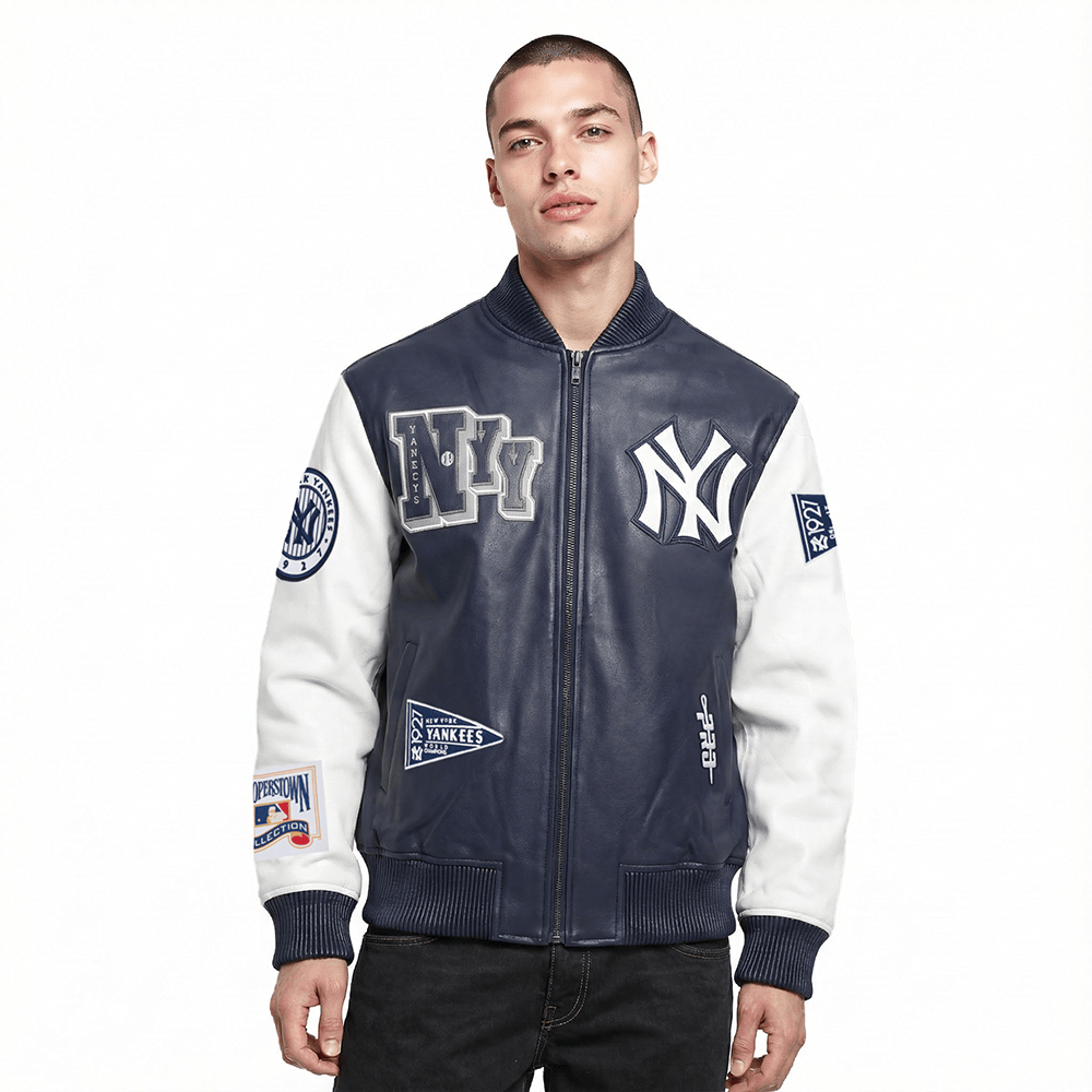 MLB NEW YORK YANKEES BEST OF MEN'S LEATHER VARSITY JACKET (MIDNIGHT NAVY/WHITE)