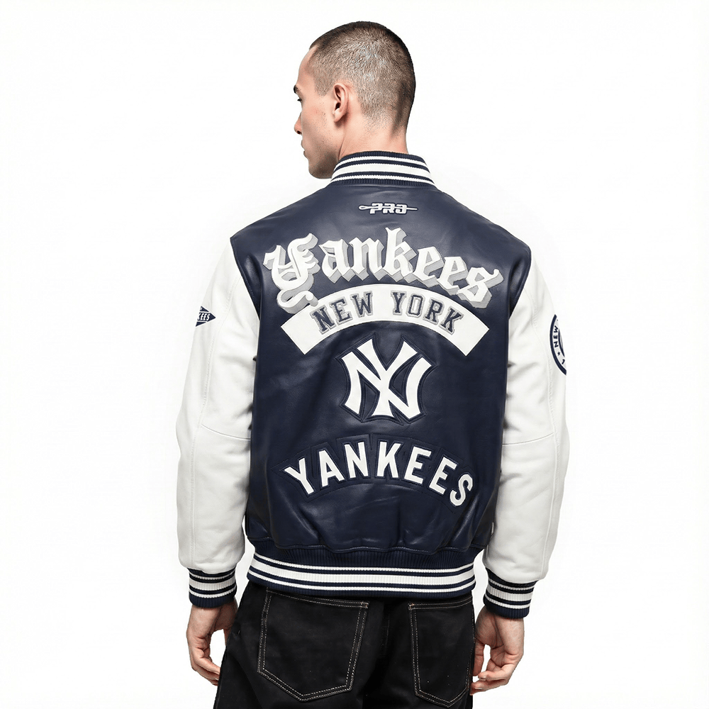 MLB NEW YORK YANKEES BEST OF MEN'S LEATHER VARSITY JACKET (MIDNIGHT NAVY/WHITE)