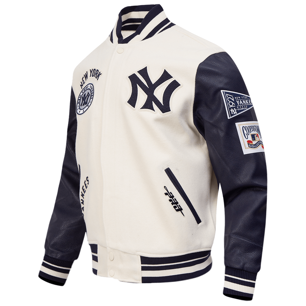 MLB NEW YORK YANKEES RETRO CLASSICS MEN'S RIB WOOL VARSITY JACKET (EGGSHELL/ MIDNIGHT NAVY)