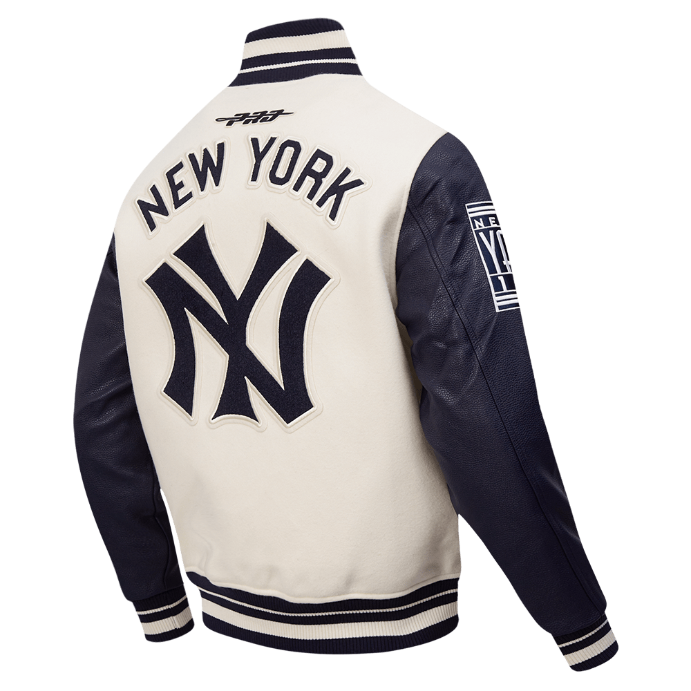 MLB NEW YORK YANKEES RETRO CLASSICS MEN'S RIB WOOL VARSITY JACKET (EGGSHELL/ MIDNIGHT NAVY)