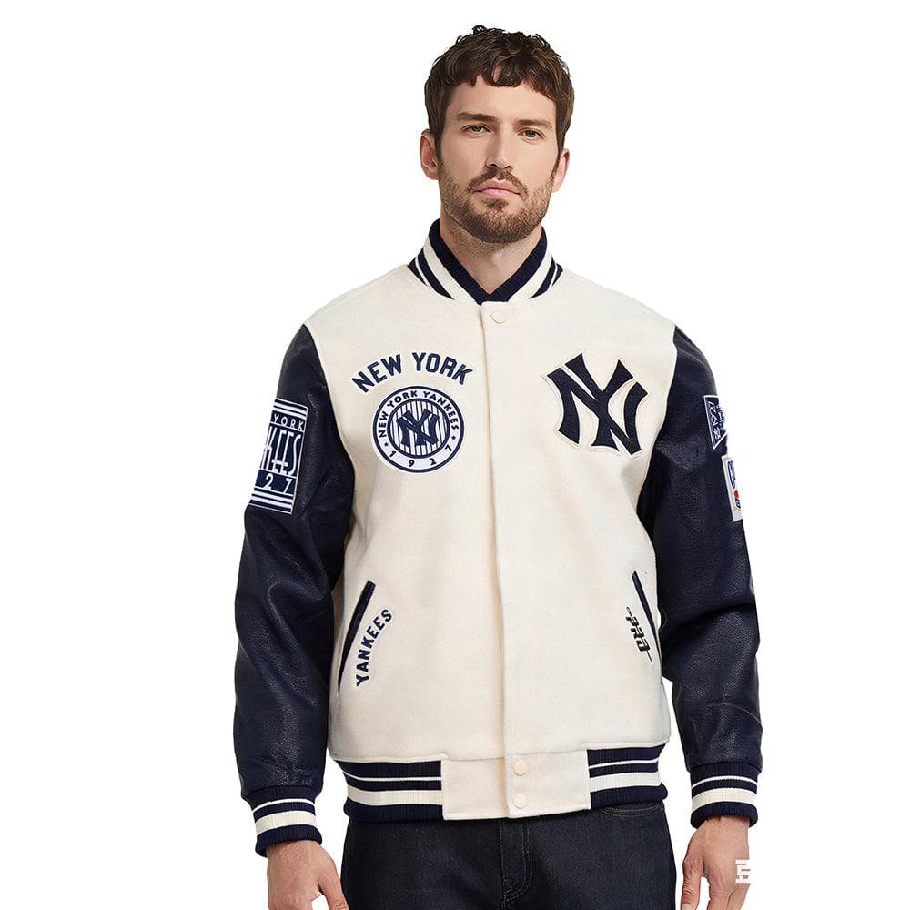 MLB NEW YORK YANKEES RETRO CLASSICS MEN'S RIB WOOL VARSITY JACKET (EGGSHELL/ MIDNIGHT NAVY)