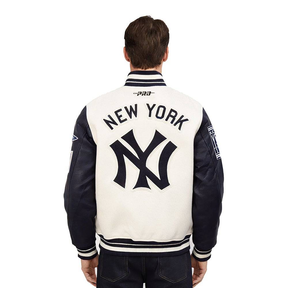 MLB NEW YORK YANKEES RETRO CLASSICS MEN'S RIB WOOL VARSITY JACKET (EGGSHELL/ MIDNIGHT NAVY)