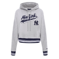 MLB NEW YORK YANKEES SCRIPT TAIL SUDADERA CORTA CON CAPUCHA DE FELPA ACANALADA PARA MUJER (GRIS MELANGE/AZUL MARINO OSCURO)
