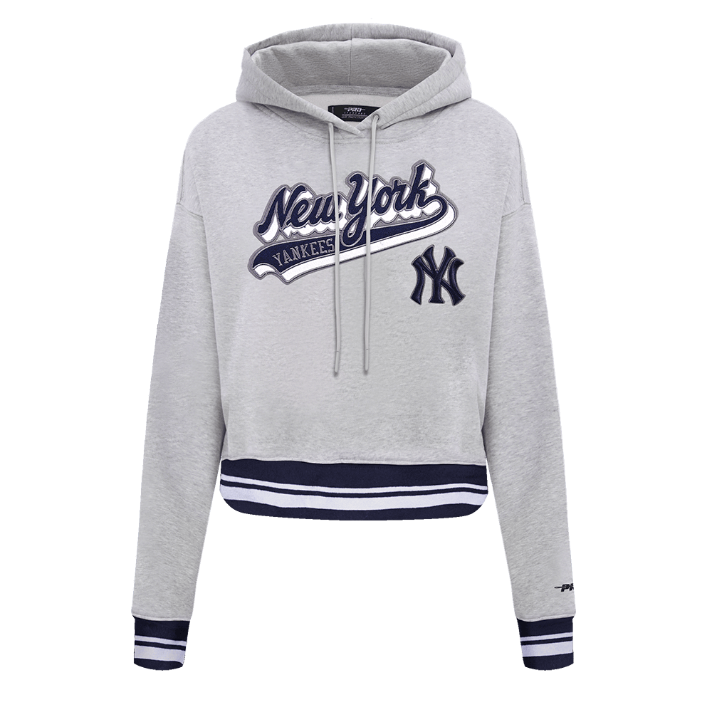 MLB NEW YORK YANKEES SCRIPT TAIL WOMEN'S RIB FLEECE CROPPED PULLOVER HOODIE (HEATHER GREY/MIDNIGHT NAVY)