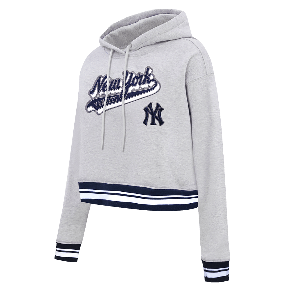 MLB NEW YORK YANKEES SCRIPT TAIL SUDADERA CORTA CON CAPUCHA DE FELPA ACANALADA PARA MUJER (GRIS MELANGE/AZUL MARINO OSCURO)
