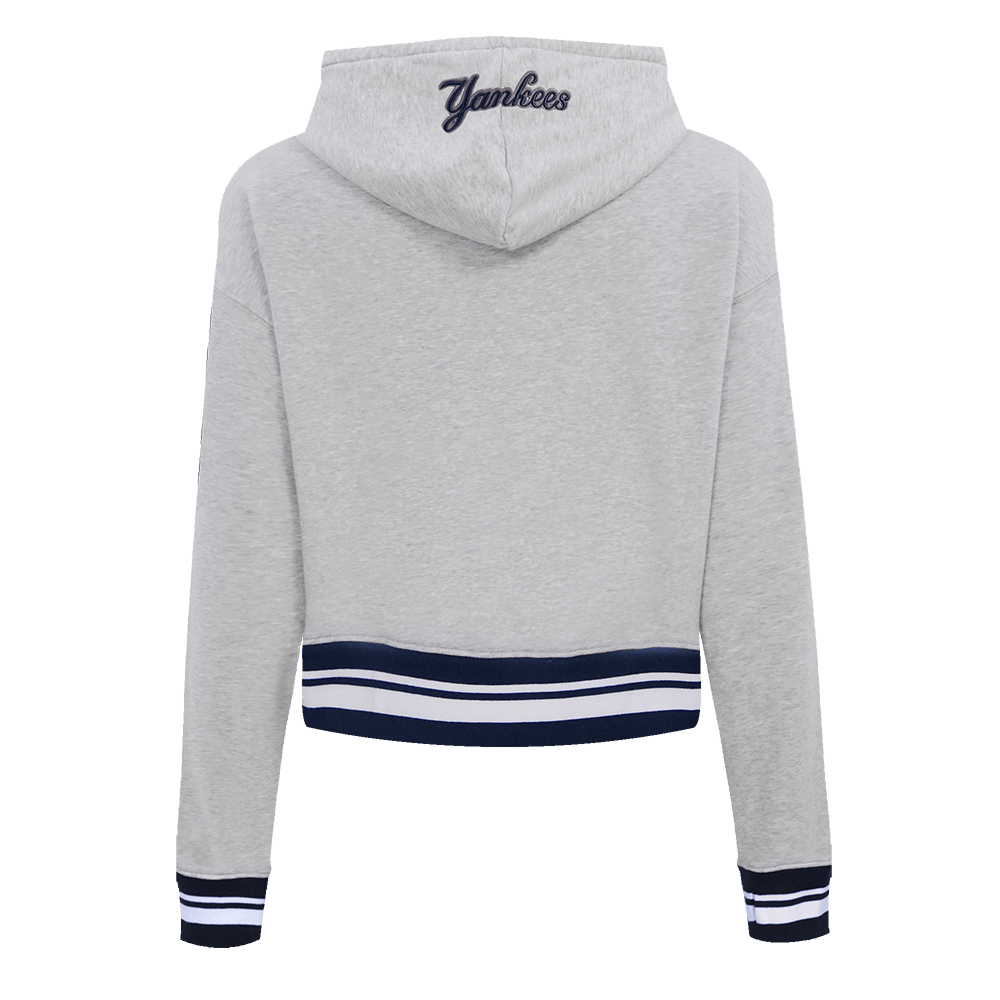 MLB NEW YORK YANKEES SCRIPT TAIL WOMEN'S RIB FLEECE CROPPED PULLOVER HOODIE (HEATHER GREY/MIDNIGHT NAVY)