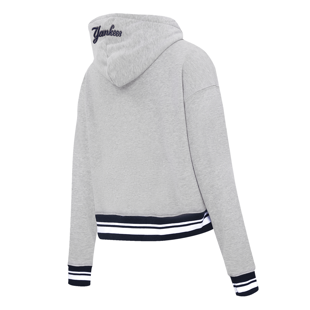 MLB NEW YORK YANKEES SCRIPT TAIL WOMEN'S RIB FLEECE CROPPED PULLOVER HOODIE (HEATHER GREY/MIDNIGHT NAVY)