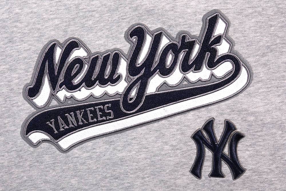 MLB NEW YORK YANKEES SCRIPT TAIL WOMEN'S RIB FLEECE CROPPED PULLOVER HOODIE (HEATHER GREY/MIDNIGHT NAVY)