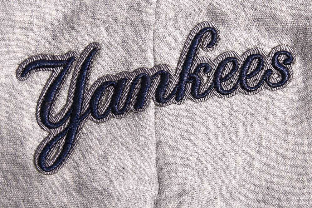 MLB NEW YORK YANKEES SCRIPT TAIL SUDADERA CORTA CON CAPUCHA DE FELPA ACANALADA PARA MUJER (GRIS MELANGE/AZUL MARINO OSCURO)