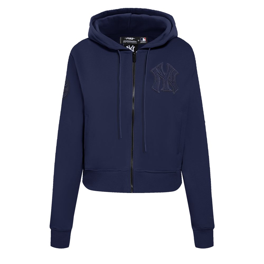 MLB NEW YORK YANKEES SUDADERA CON CAPUCHA DE DOBLE PUNTO CON CREMALLERA COMPLETA TRIPLE TONAL PARA MUJER (AZUL MARINO NOCHE)
