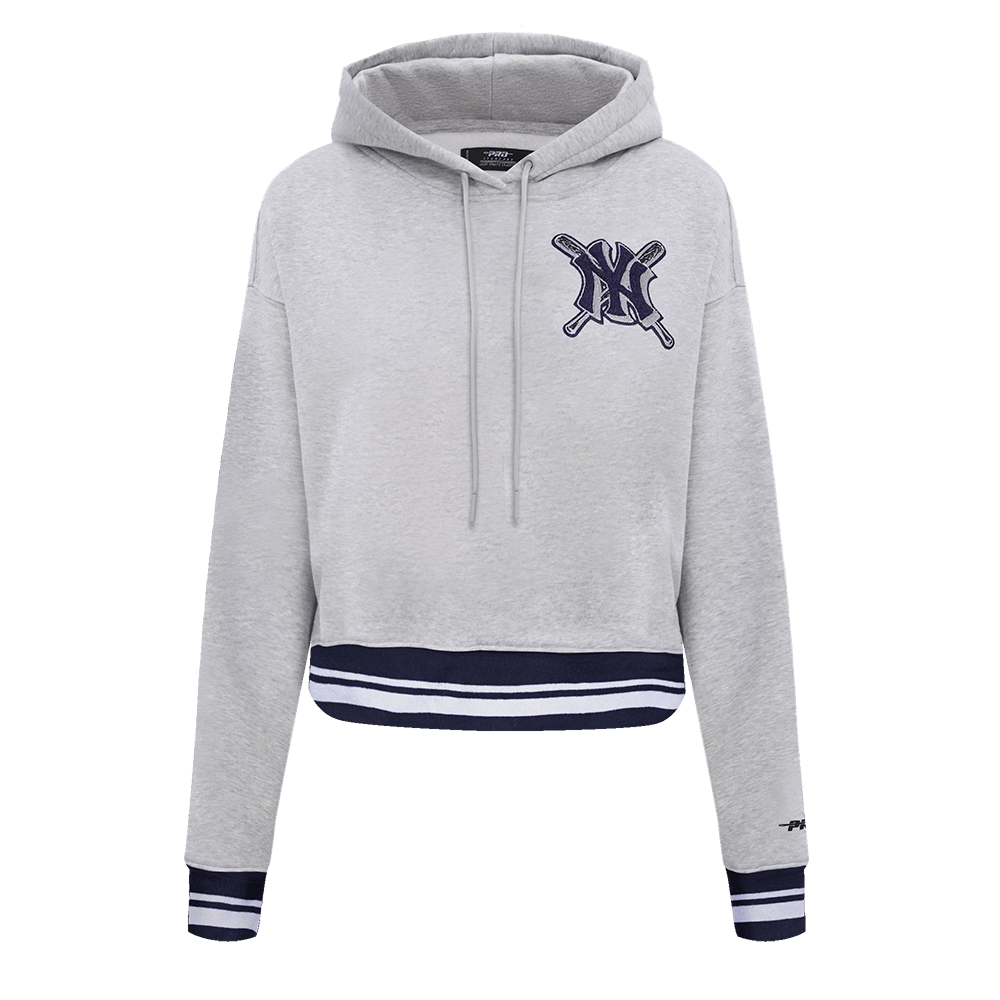 MLB NEW YORK YANKEES MASHUP WOMEN'S RIB CROPPED PULLOVER HOODIE (HEATHER GREY/MIDNIGHT NAVY)