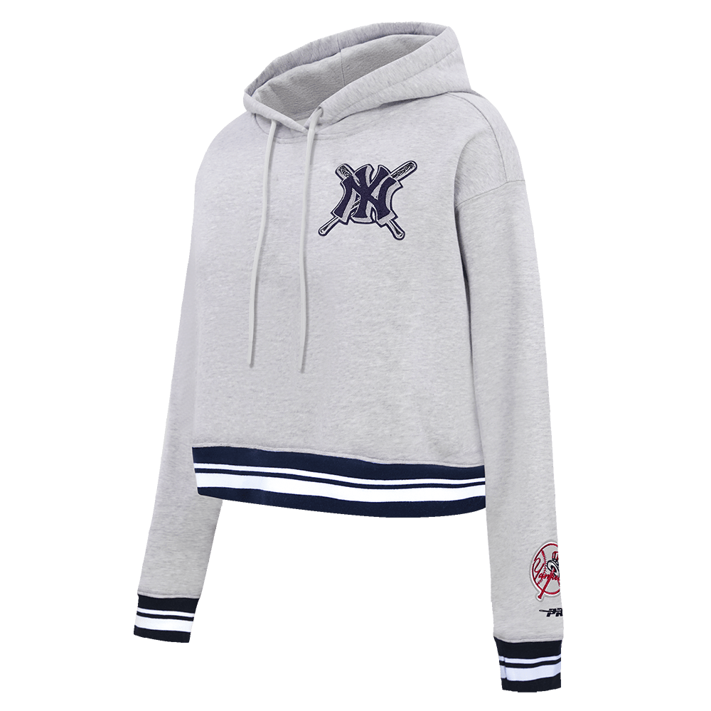 MLB NEW YORK YANKEES MASHUP WOMEN'S RIB CROPPED PULLOVER HOODIE (HEATHER GREY/MIDNIGHT NAVY)