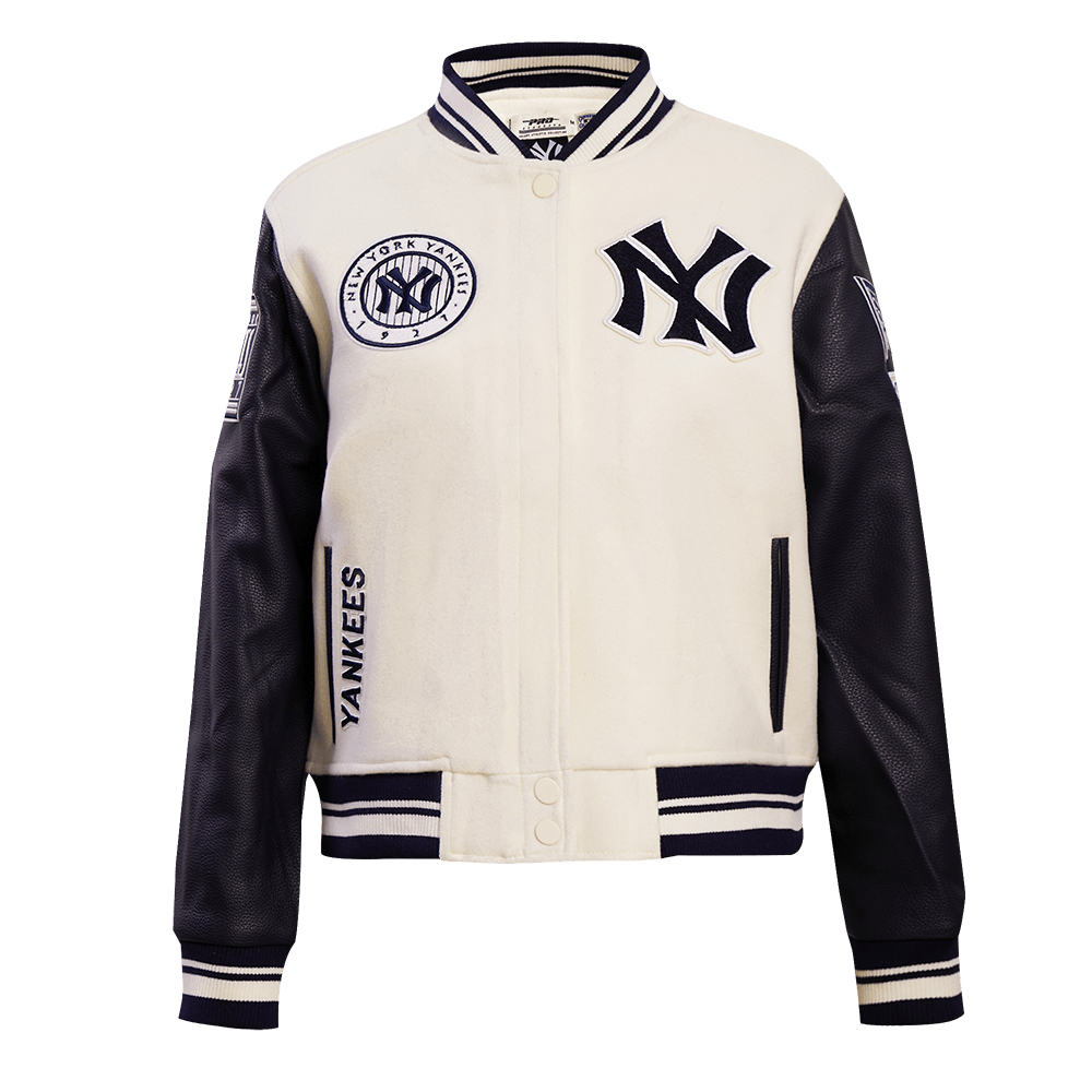 MLB NEW YORK YANKEES RETRO CLASSIC WOMEN'S RIB WOOL VARSITY JACKET (EGGSHELL/ MIDNIGHT NAVY)