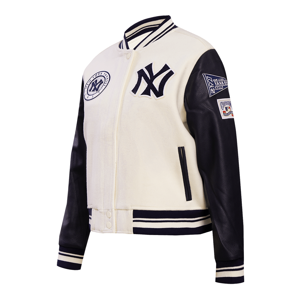 MLB NEW YORK YANKEES RETRO CLASSIC WOMEN'S RIB WOOL VARSITY JACKET (EGGSHELL/ MIDNIGHT NAVY)