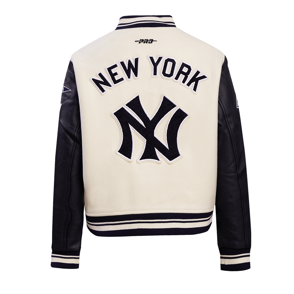 MLB NEW YORK YANKEES RETRO CLASSIC WOMEN'S RIB WOOL VARSITY JACKET (EGGSHELL/ MIDNIGHT NAVY)