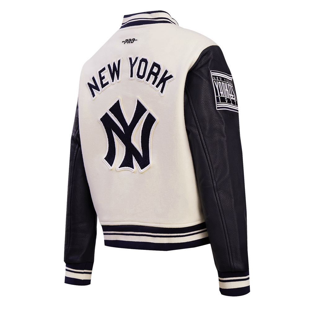 MLB NEW YORK YANKEES RETRO CLASSIC WOMEN'S RIB WOOL VARSITY JACKET (EGGSHELL/ MIDNIGHT NAVY)