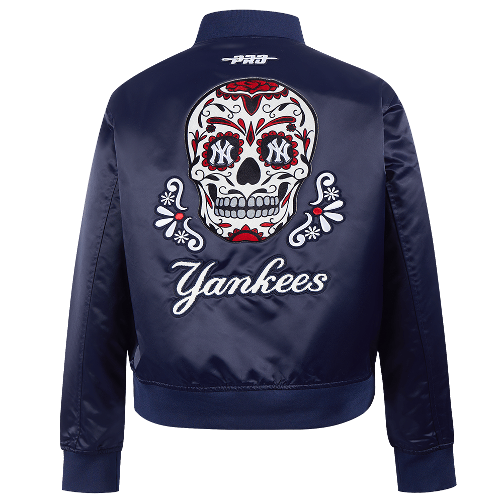 MLB NEW YORK YANKEES SUGAR SKULL WOMEN'S SATIN JACKET (MIDNIGHT NAVY)