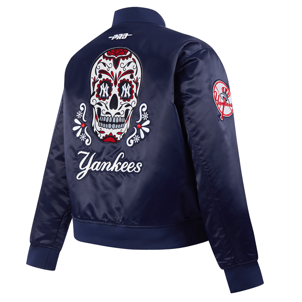 MLB NEW YORK YANKEES SUGAR SKULL WOMEN'S SATIN JACKET (MIDNIGHT NAVY)